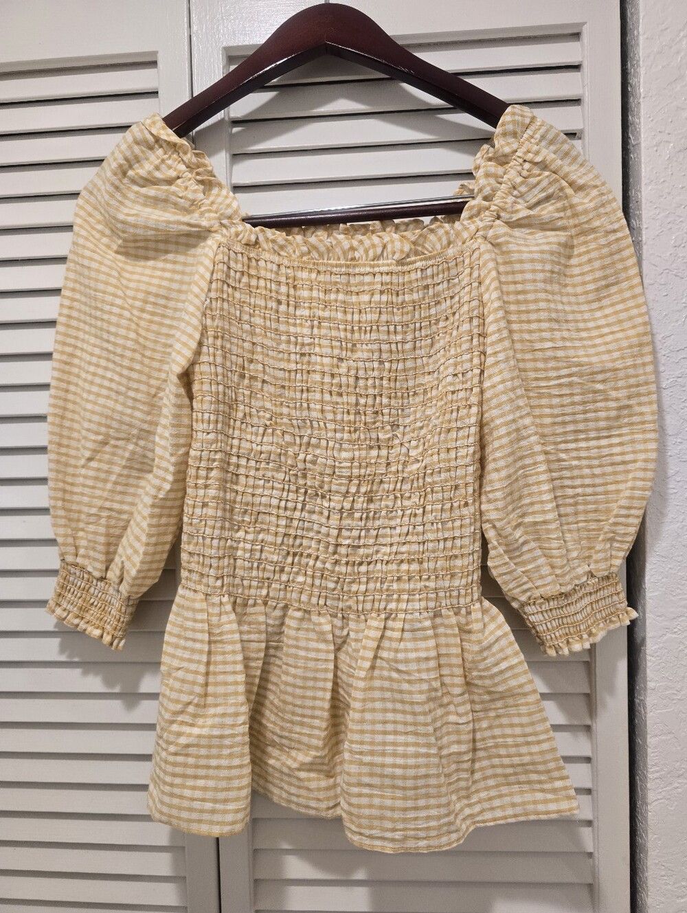 NWT Max Studio Yellow & White Gingham Smocked 3/4th Length Sleeve Shirt Sz M